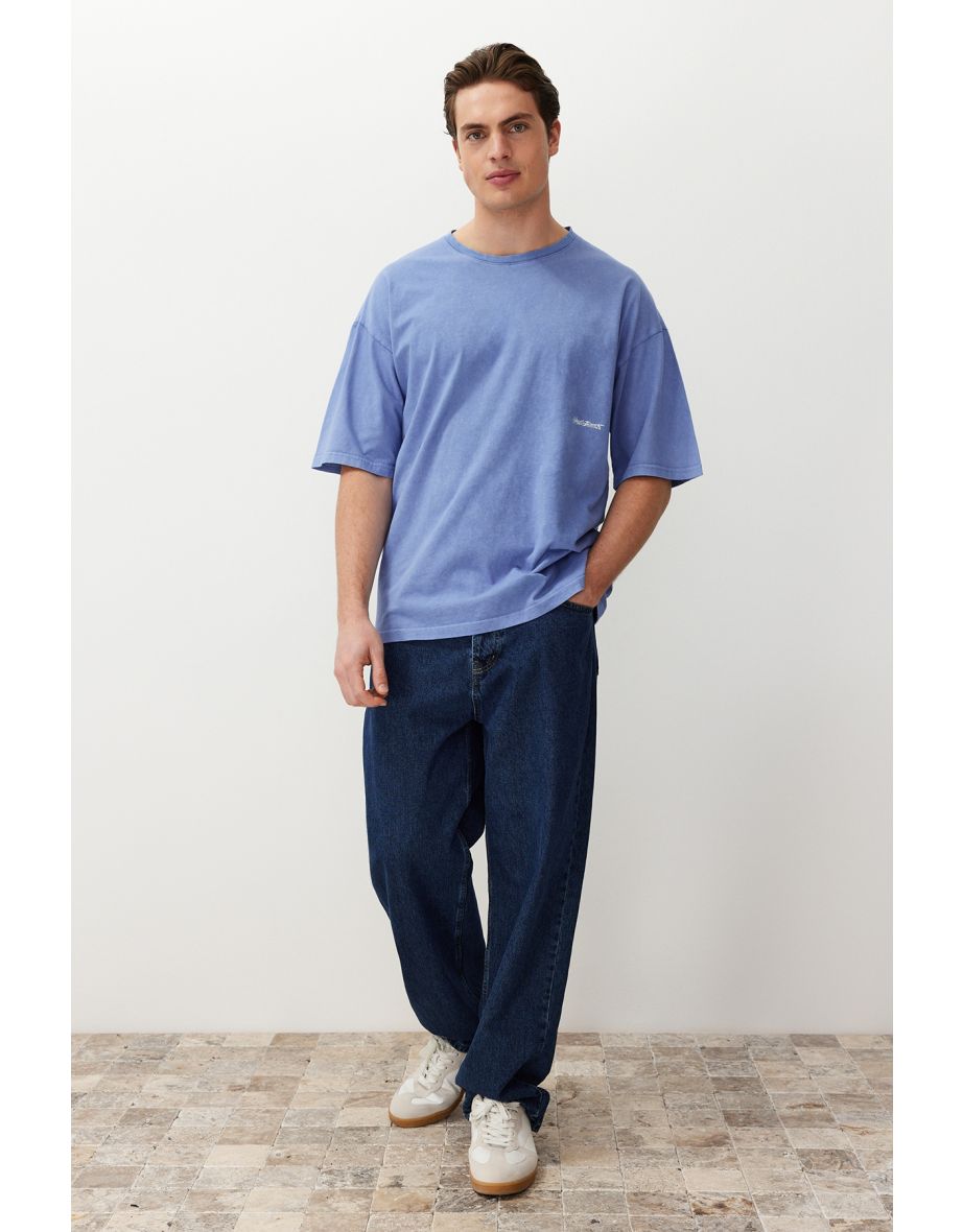 Men's Lilac Oversize/Wide-Fit Weathered/Faded Effect T-Shirt