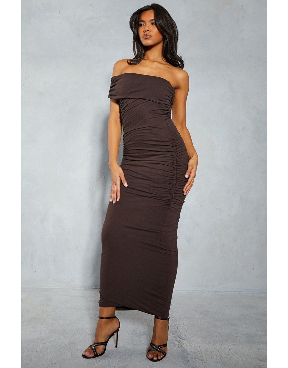 Brown Ruched Bodycon Maxi Dress with One Shoulder