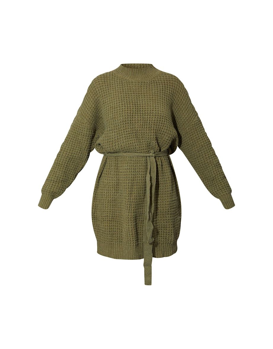 Khaki Soft Belted Knitted Jumper Dress - 4