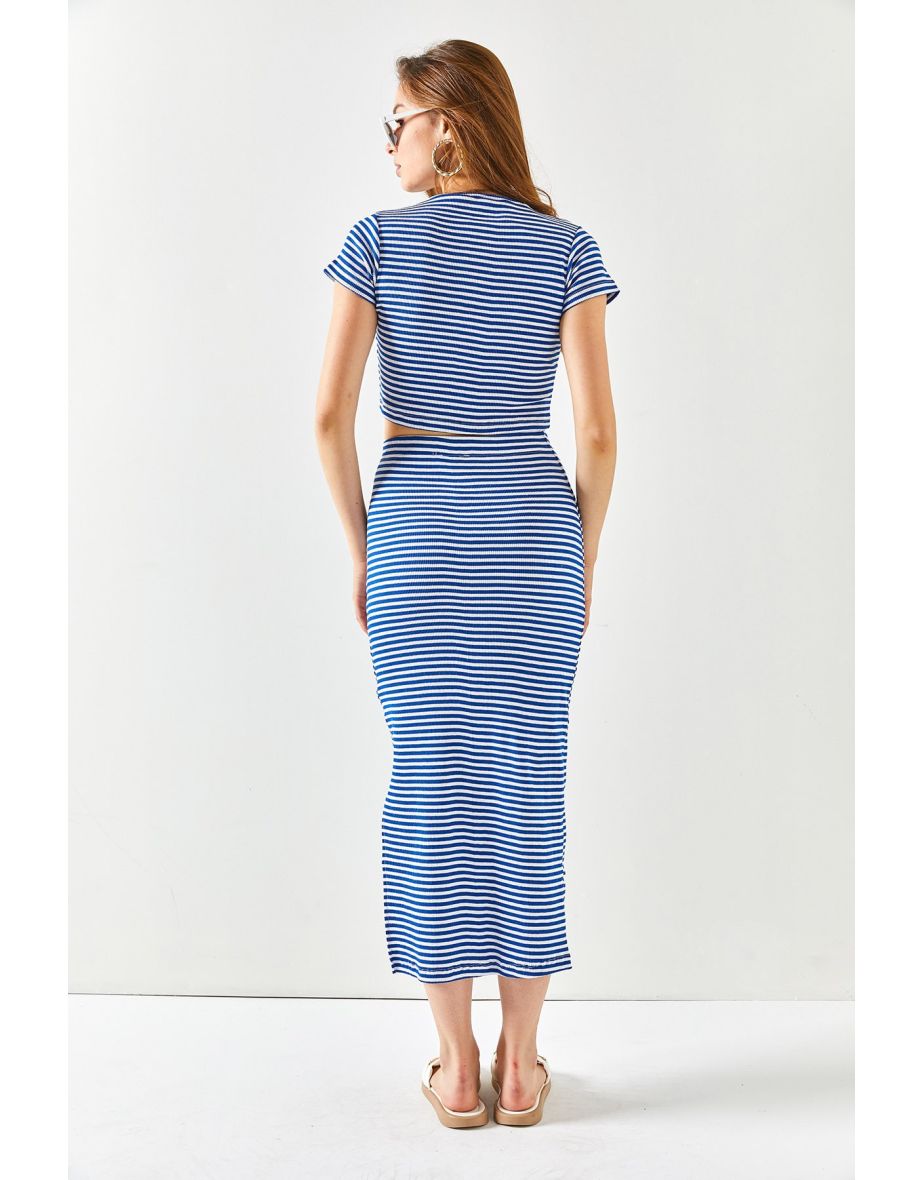 Women's Striped Saxe Blue Short Sleeve Slit Skirted Lycra Suit - 6