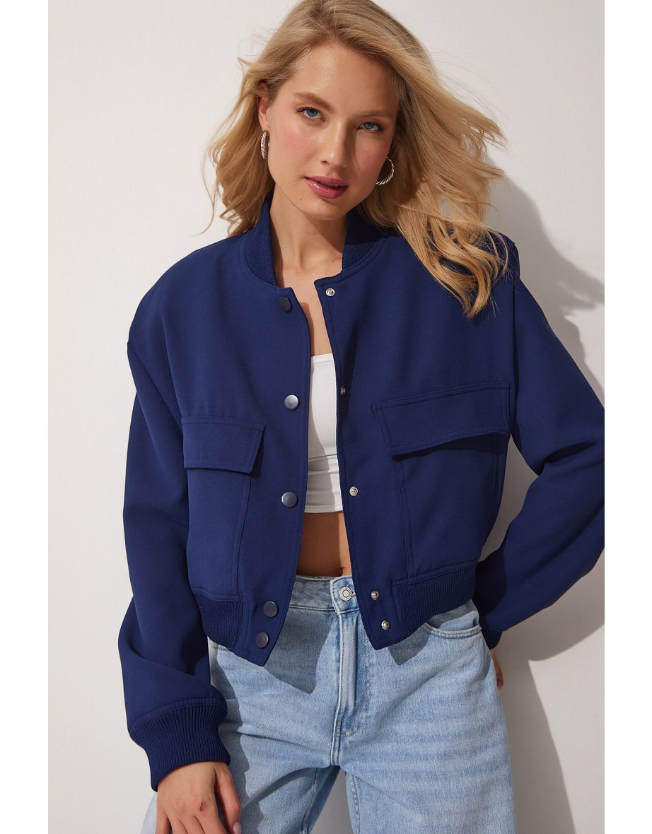 Women's Navy Blue Wide Pocket Bomber Jacket