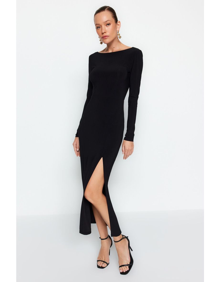 Black Boat Neck Backless Slit Fitted Maxi Flexible Knitted Dress
