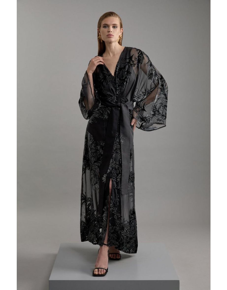 Feather Devore Woven Kimono Maxi Dress