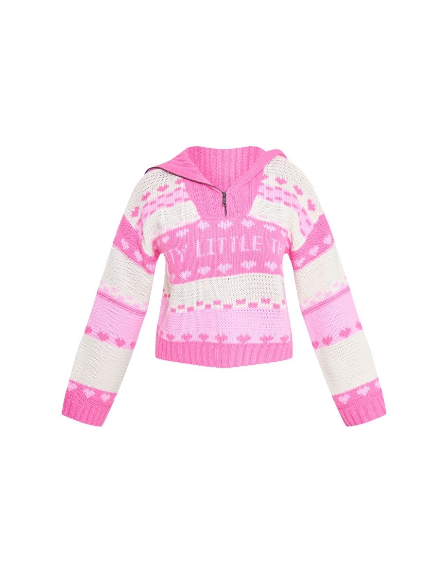 PRETTYLITTLETHING Pink Fairisle Half Zip Knit Jumper - 4