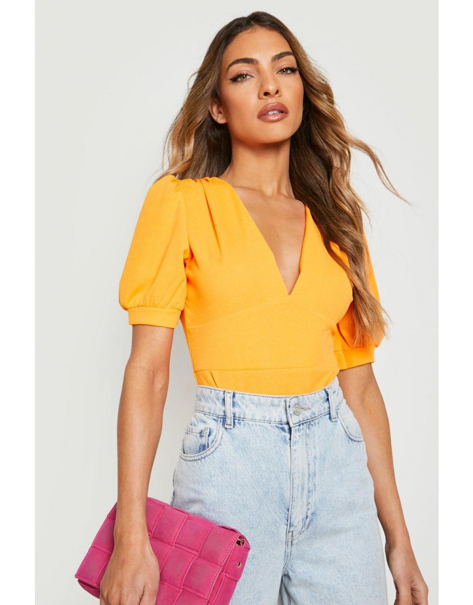 Plunge Puff Sleeve Bodysuit - orange - 3