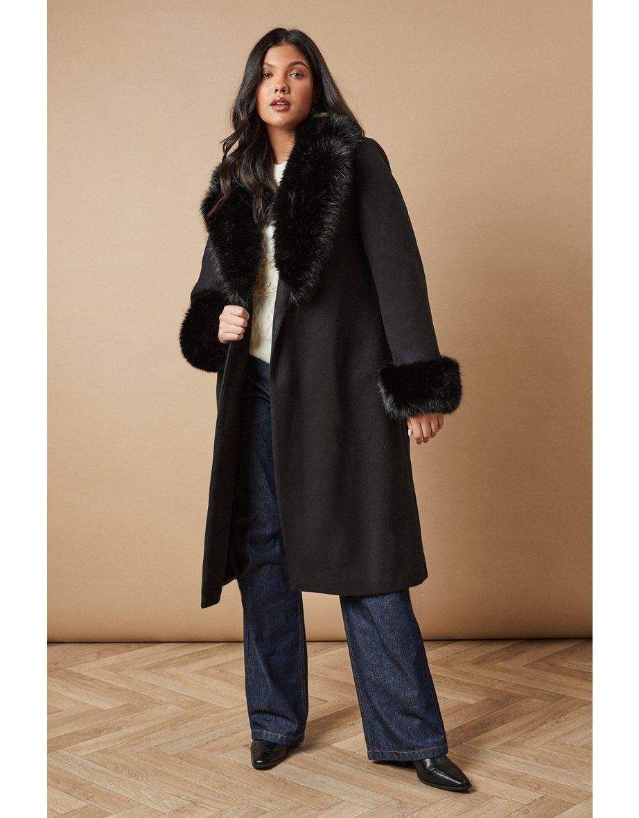 Belted Fur Collar Coat - 3