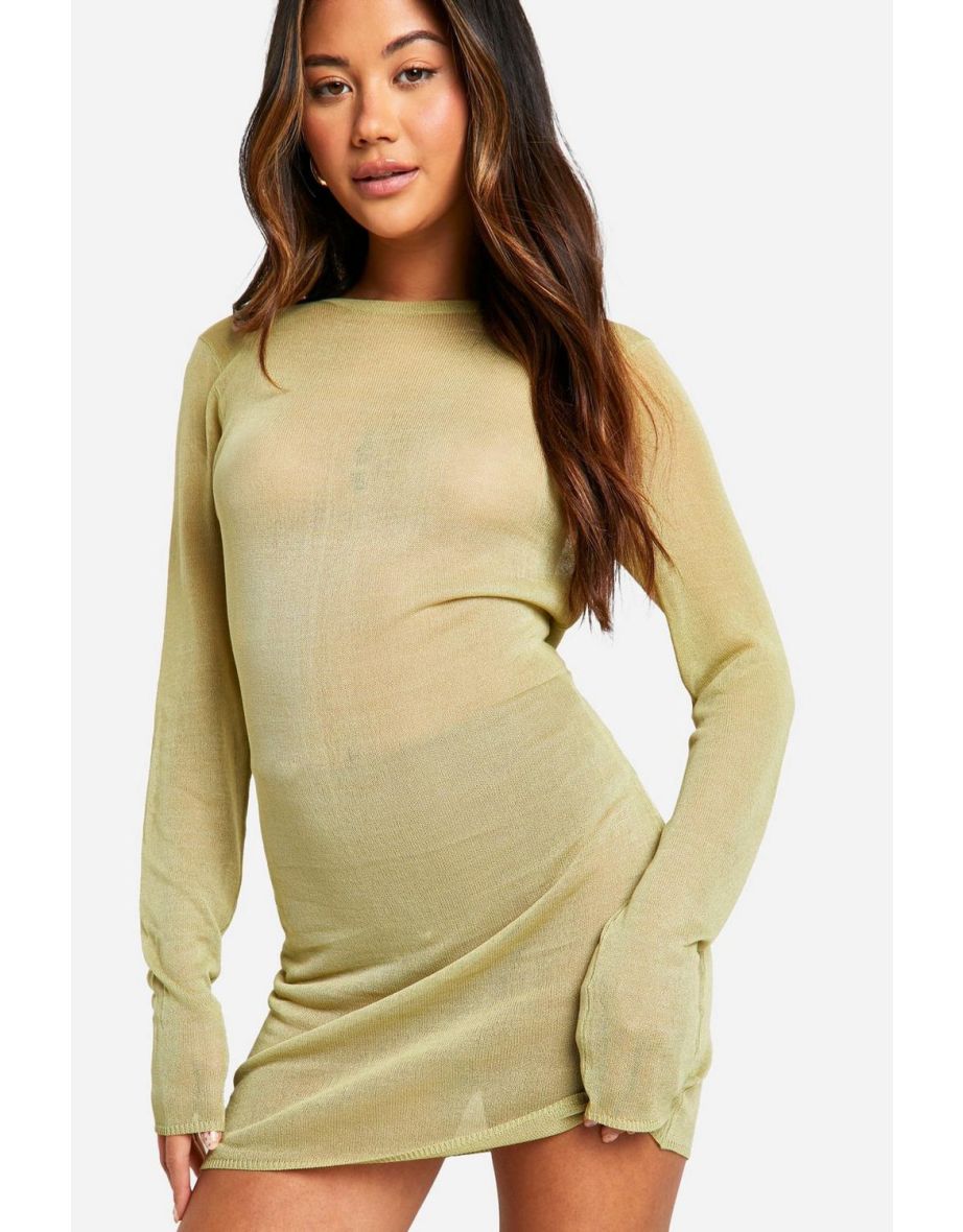 Sheer Fine Knit Micro Mini Dress - khaki - 3