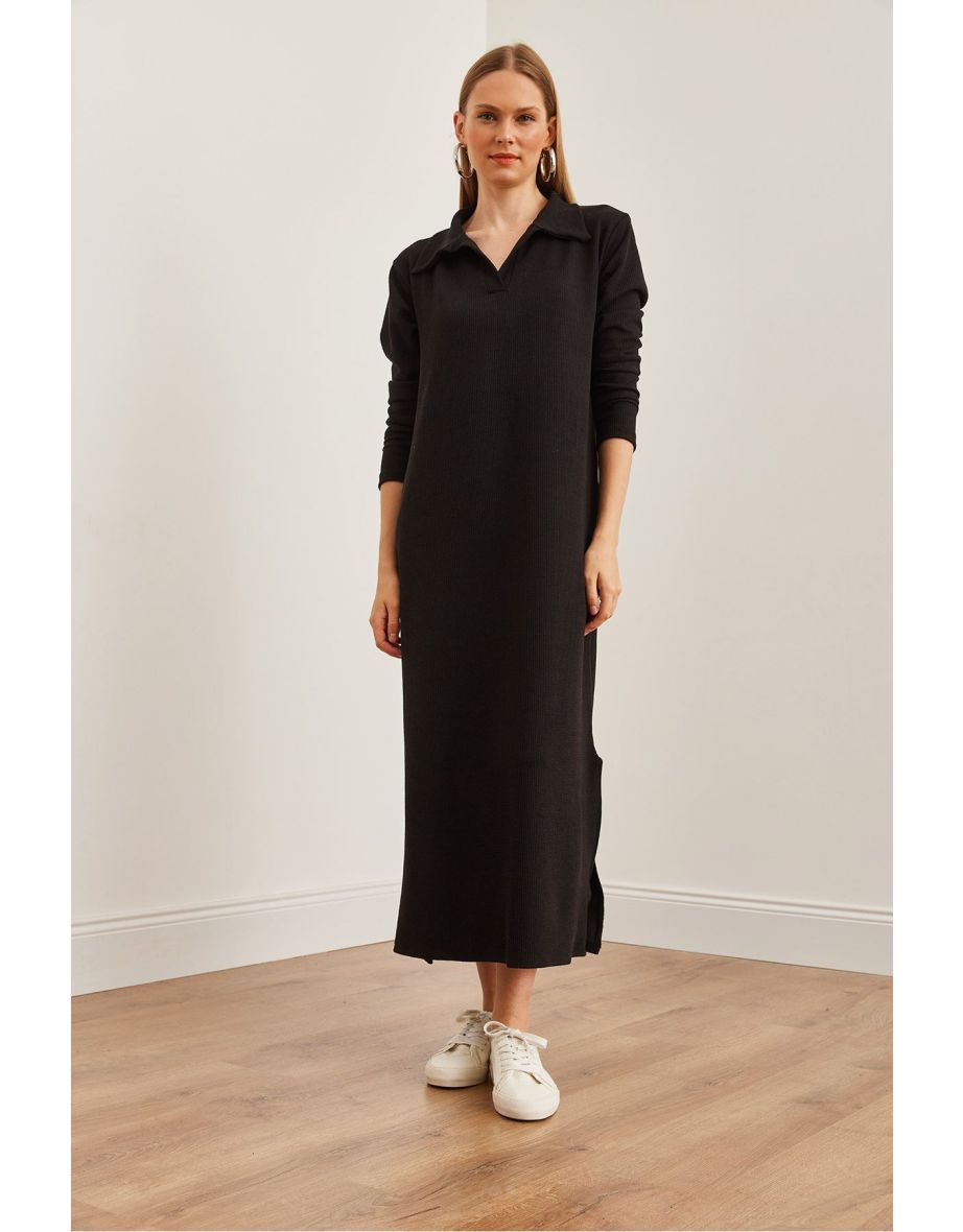 Women's Black Polo Neck Long Sleeve Slit Burgundy Dress