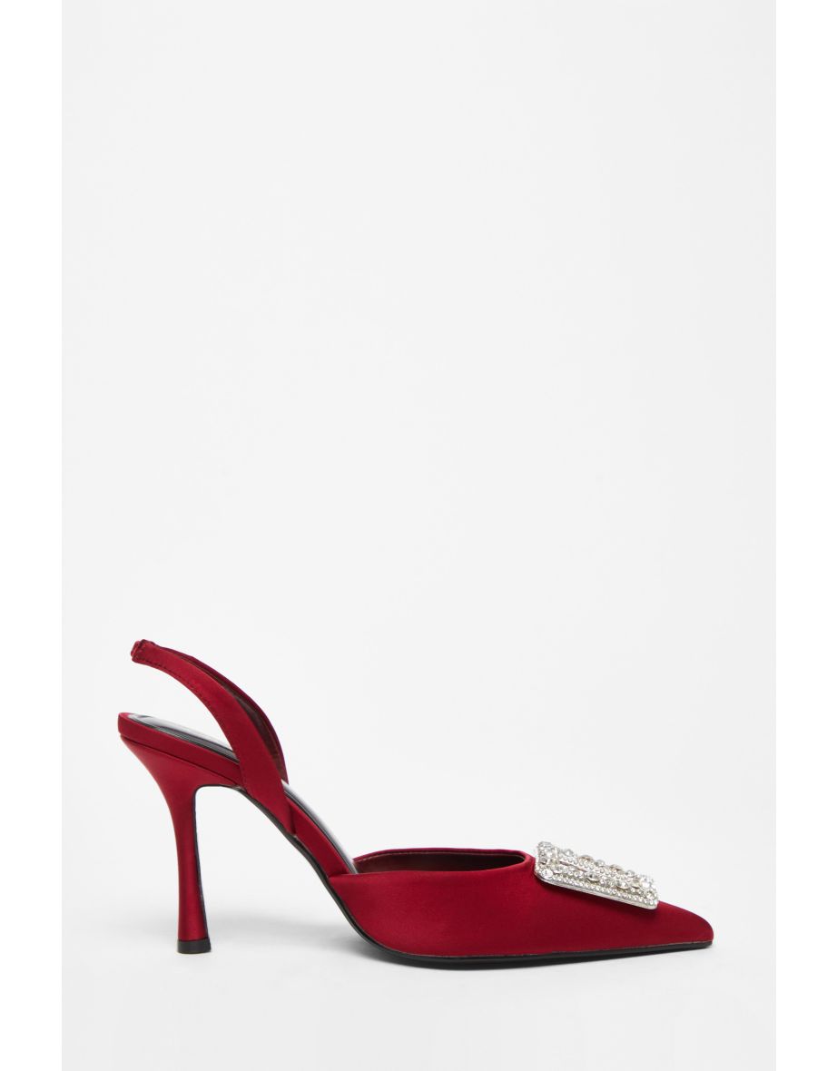 Dark Red Satin Brooch Court Heels - 4