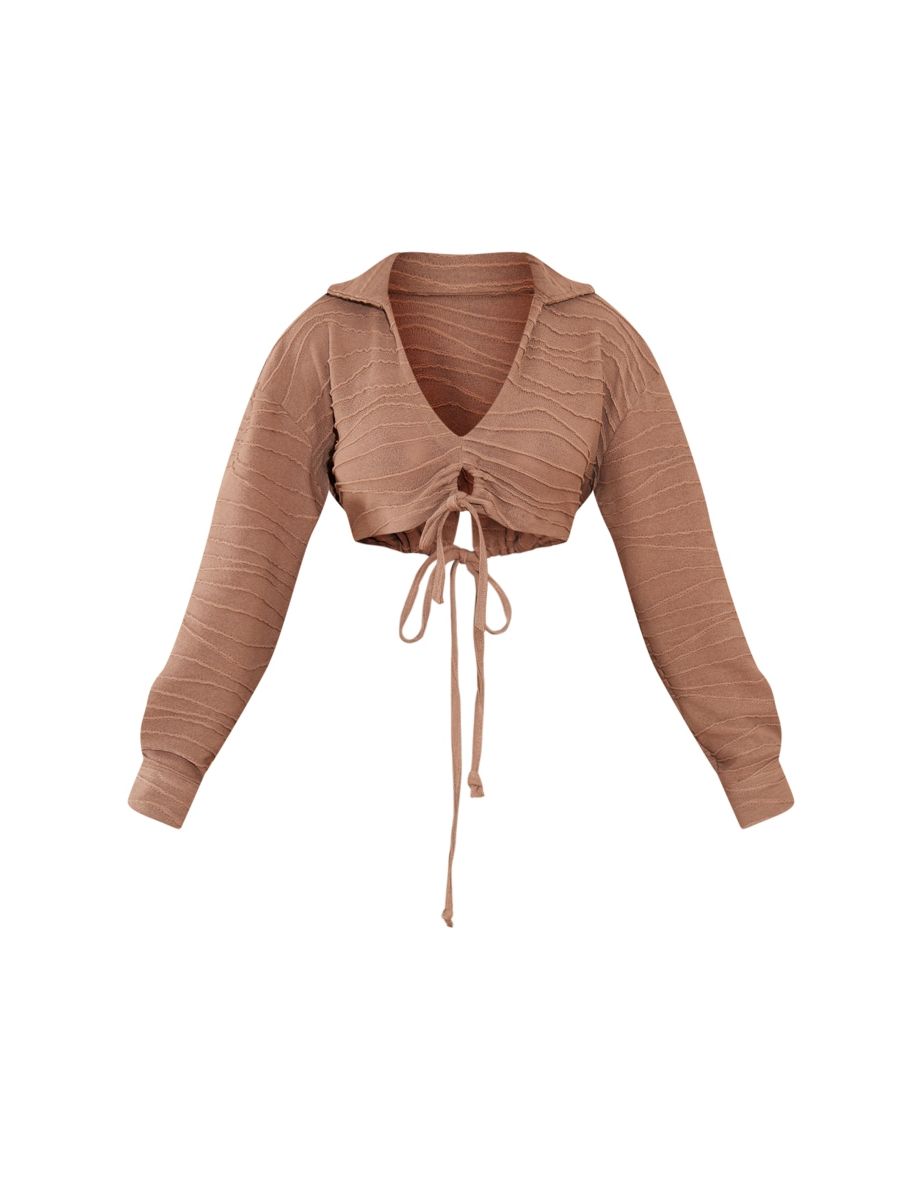 Chocolate Drawstring Back Tie Ruched Crop Shirt - 4