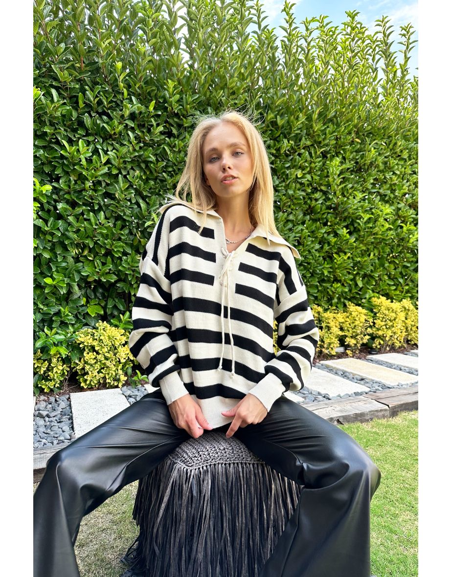 Women's Ecru-Black Polo Collar Striped Lace-Up Oversized Knitwear Sweater