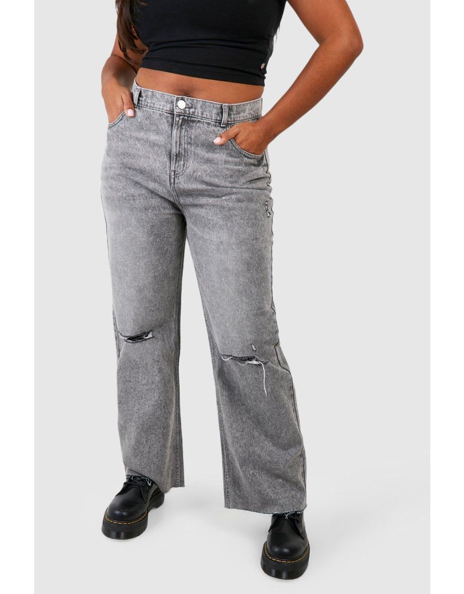 Plus Ripped Knee Raw Hem Relaxed Straight Leg Jeans - light grey - 3