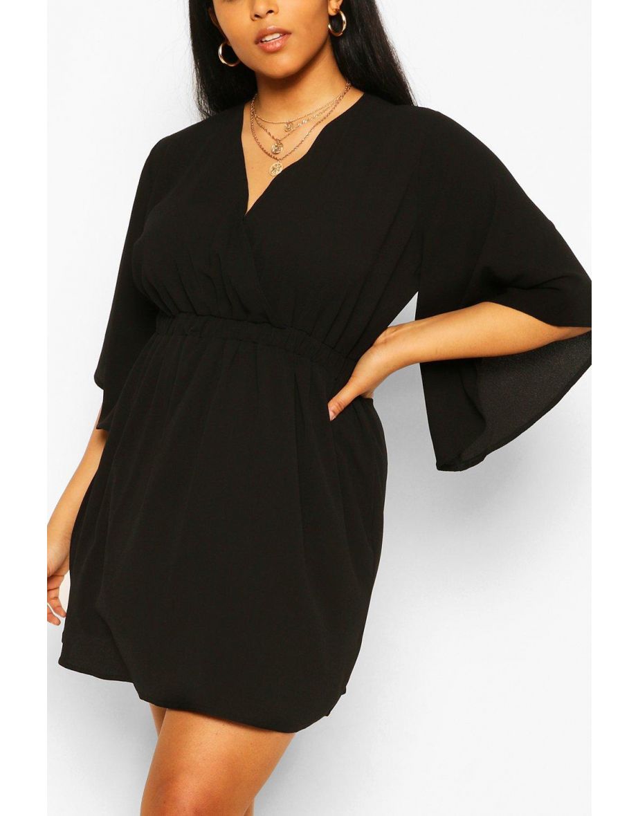 Plus Kimono Sleeve Woven Skater Dress - black