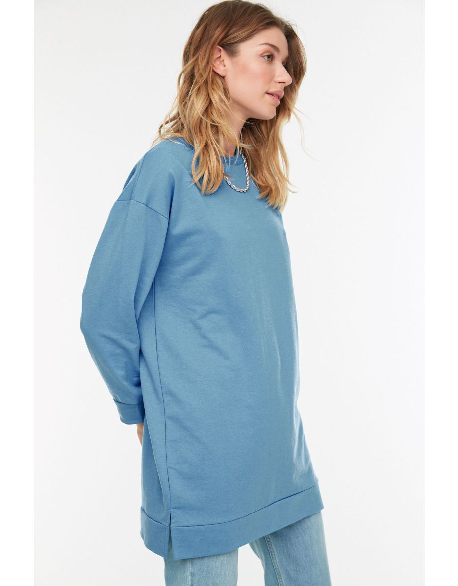 Blue Crew Neck Slit Detailed Basic Knitted Sweatshirt - 4