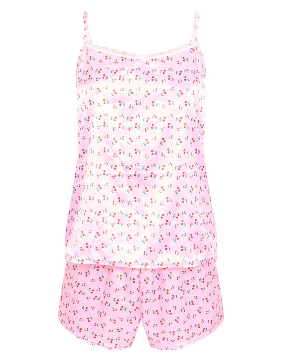 Pink Cherry Print Satin Cami Short PJ Set - 4