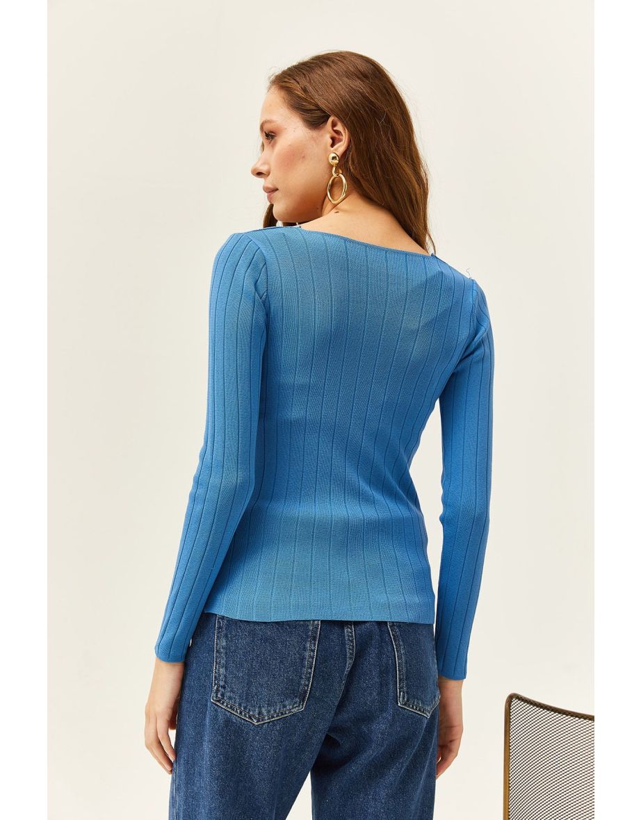 Women's Indigo Square Neck Thick Ribbed Knitwear  Top - 4