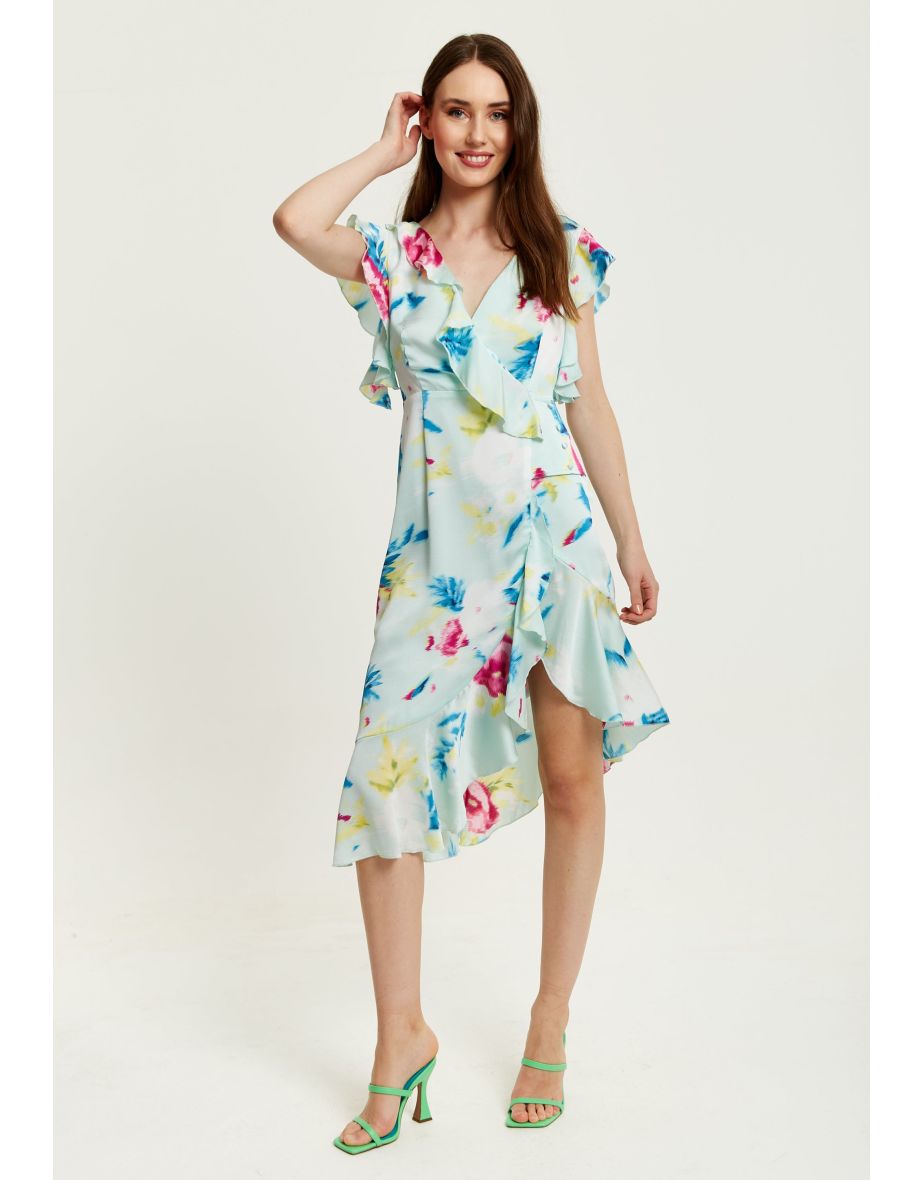 Women's Midi Wrap Dress with Flouncy Sleeves in Mint Green .
