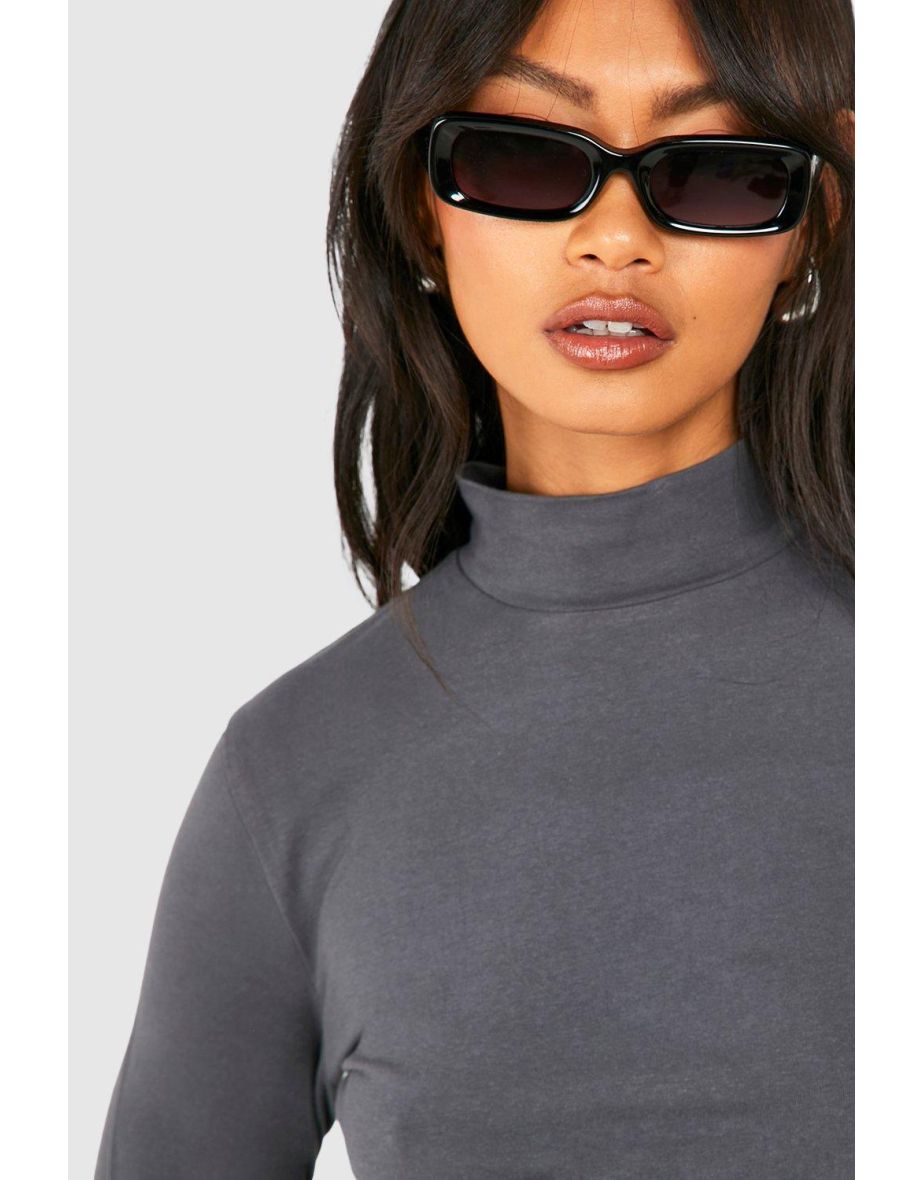 Basic Cotton Funnel Neck Long Sleeve Top - charcoal - 3