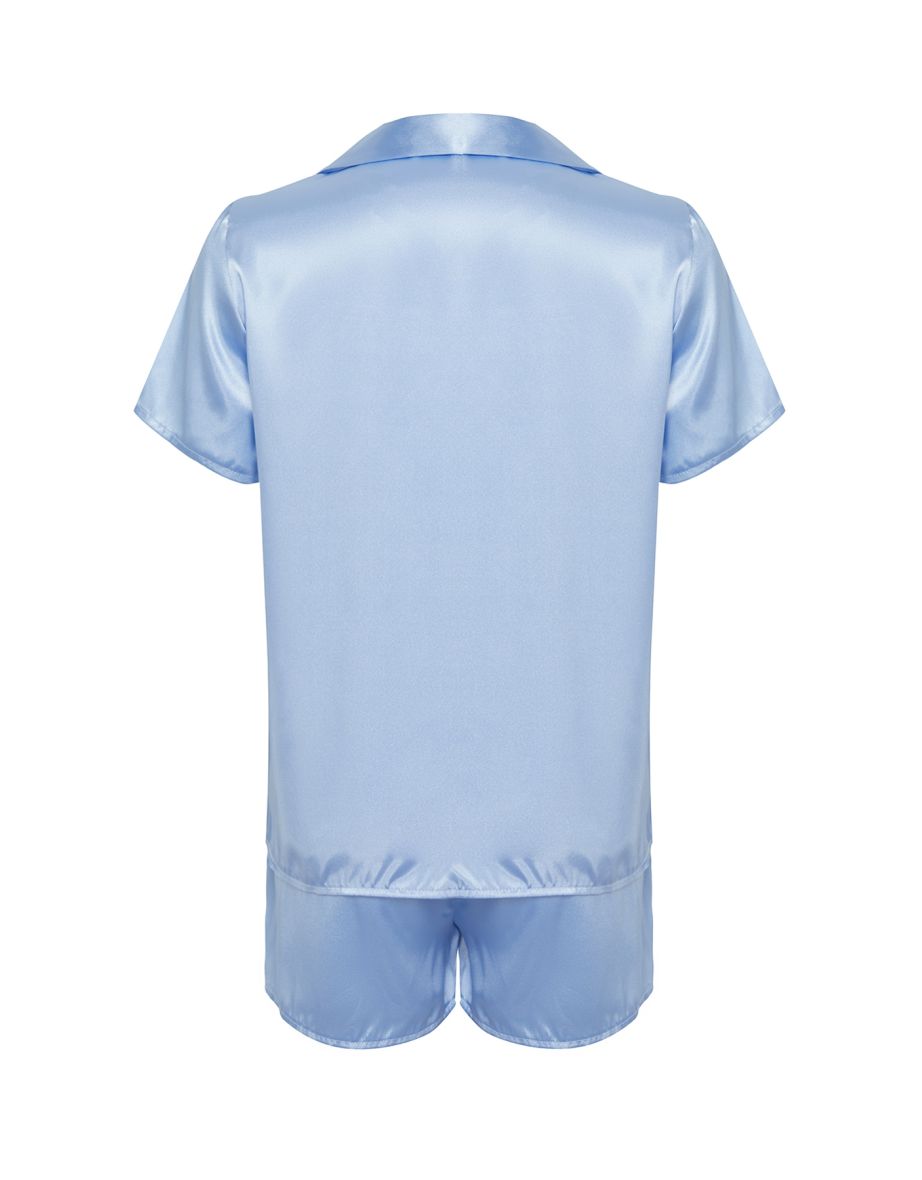 Blue Satin Woven Pajama Set - 7