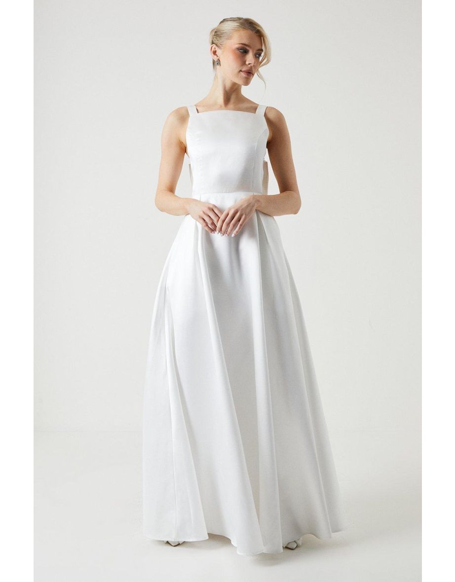 Bow Back Square Neck Twill Wedding Dress
