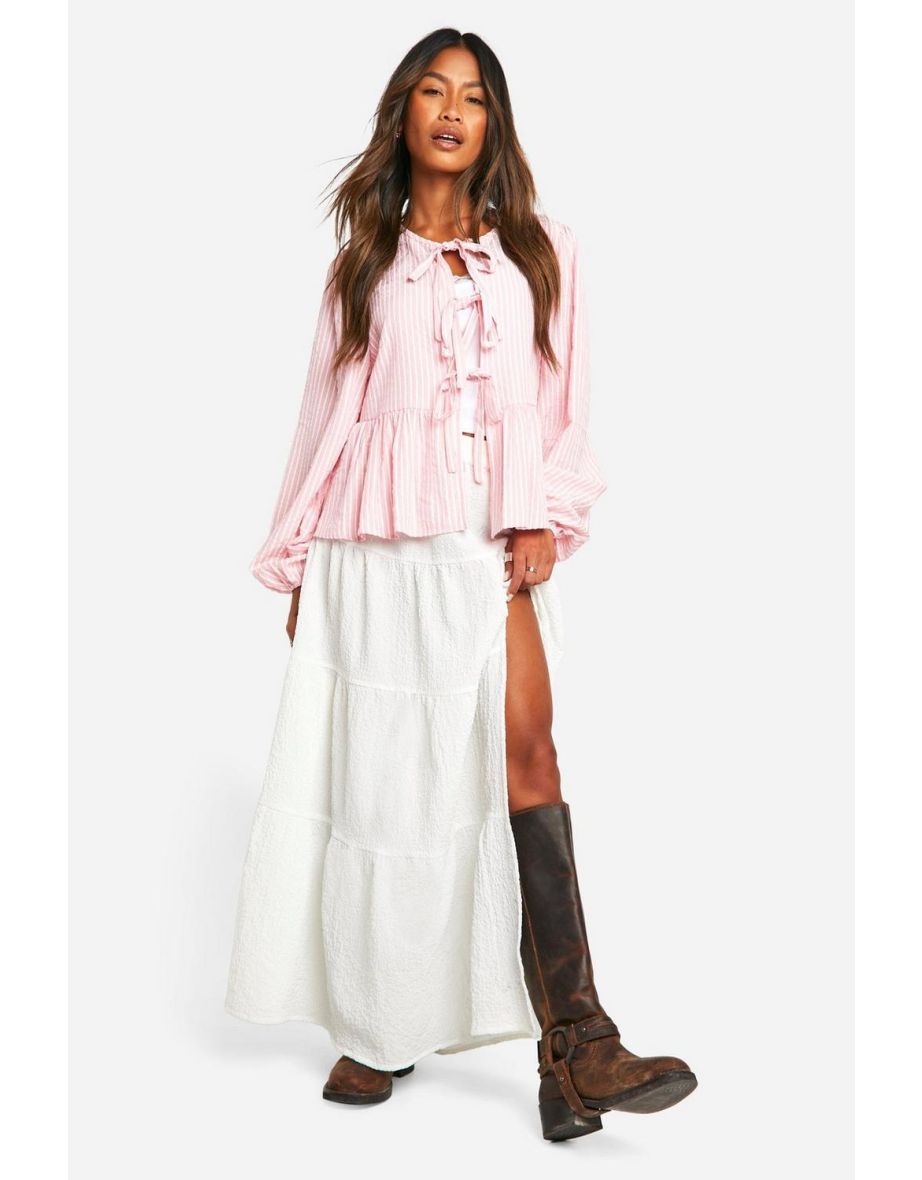 Pink Stripe Tie Front Puff Long Sleeve Smock Top - pink