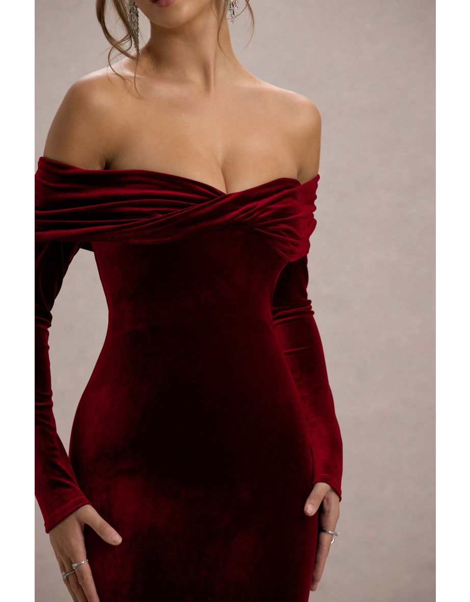 Compliment | Berry Velvet Bardot Midi Dress - 5