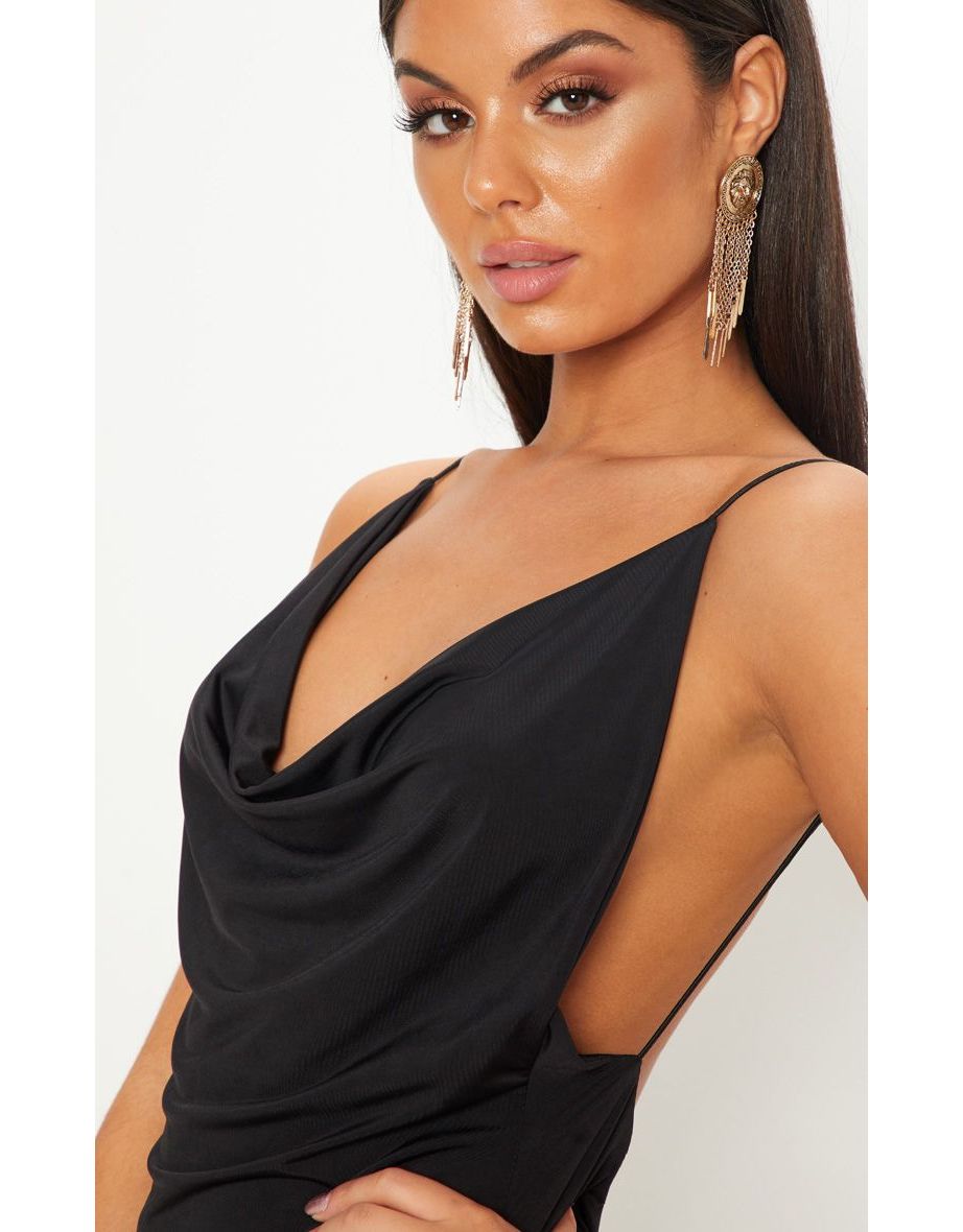 Black Slinky Cowl Neck Scoop Back Ruched Bodycon Dress - 3
