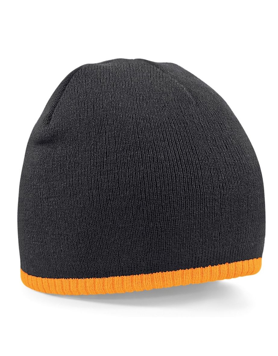 Beechfield Plain Basic Knitted Winter Beanie Hat - Black/Fluorescent Orange