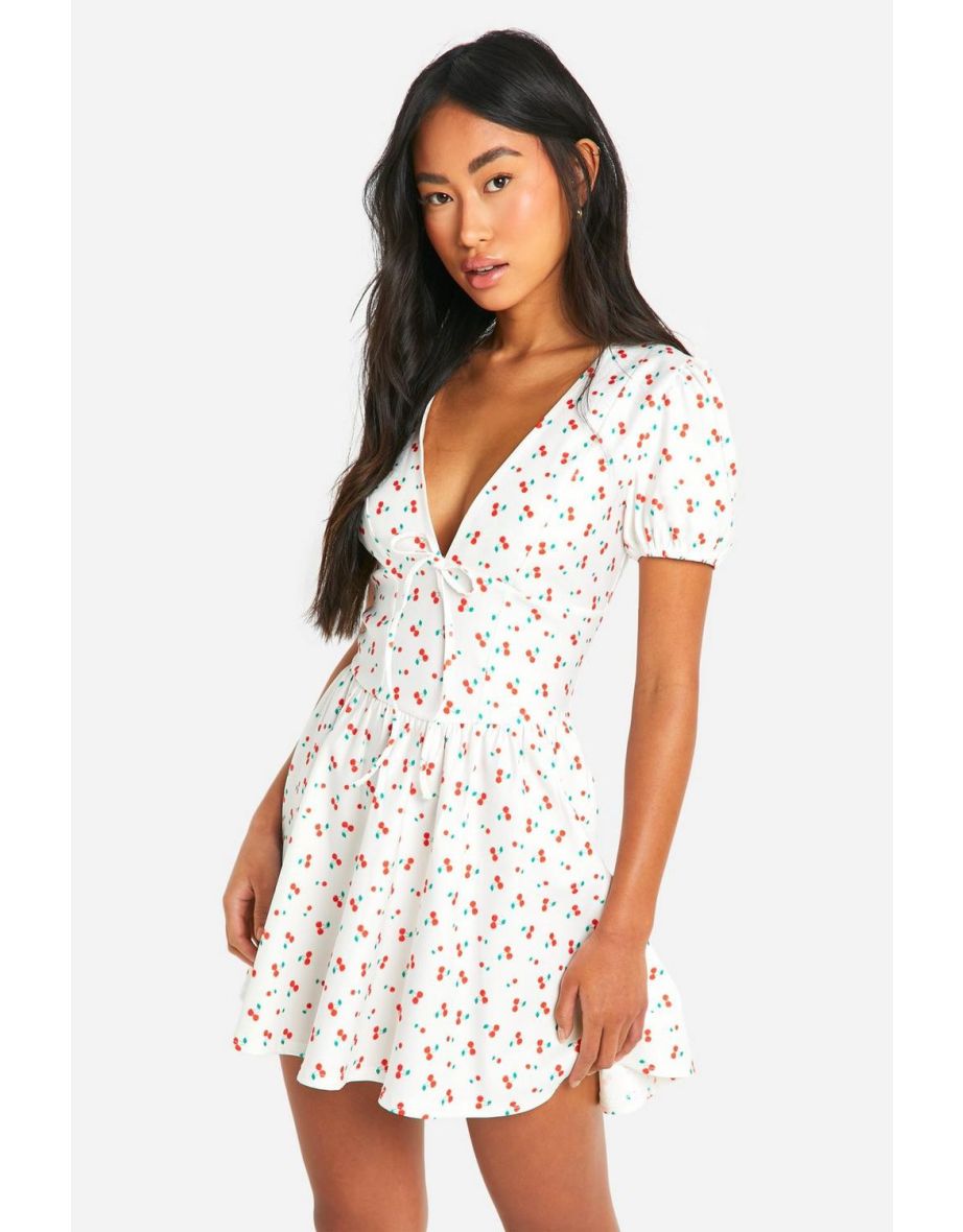 Cherry Tie Back Milkmaid Mini Dress - white