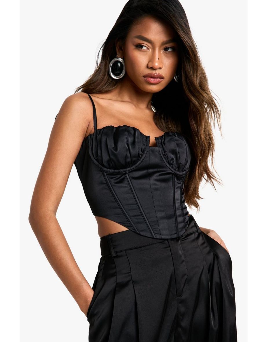 Tie Strap Boned Satin Corset Top - black - 3