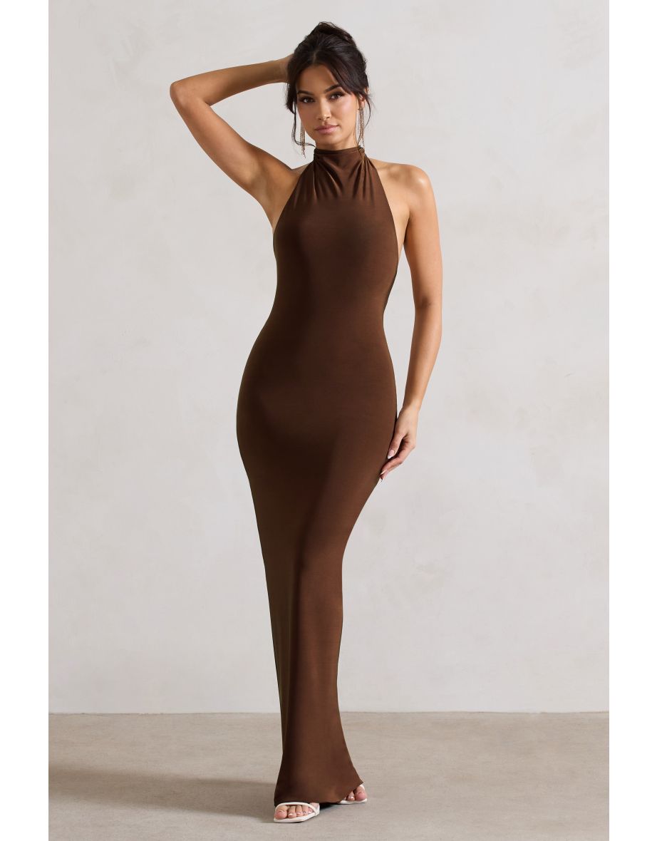 Larisa | Dark Brown Cowl Halter-Neck Maxi Dress With Back Detail - 3