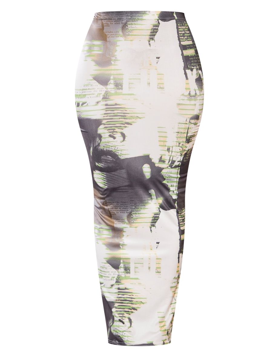 Shape Green Newspaper Print Slinky Maxi Skirt - 4