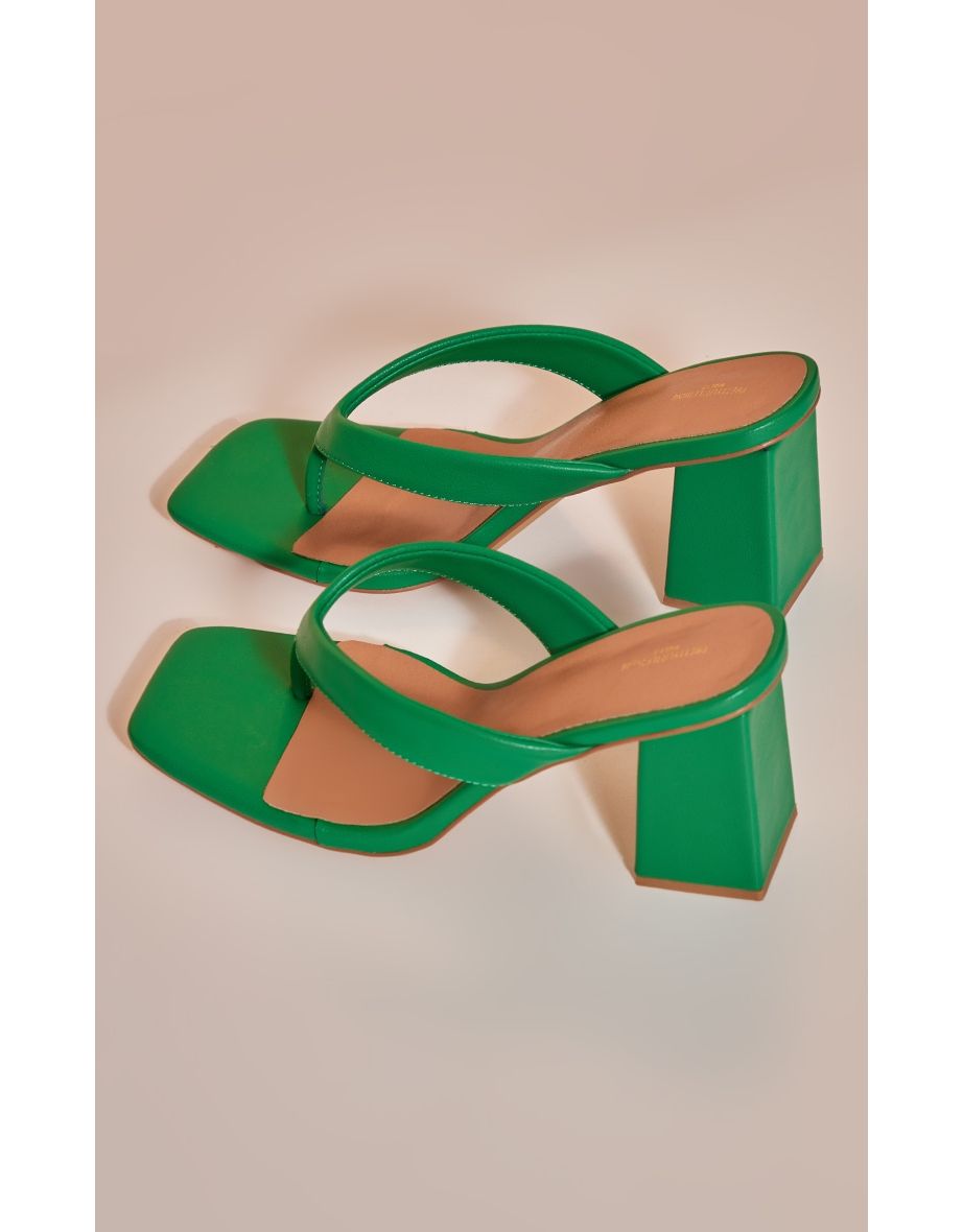 Green Wide Fit Pu Thong Square Toe Block Heeled Mules - 3