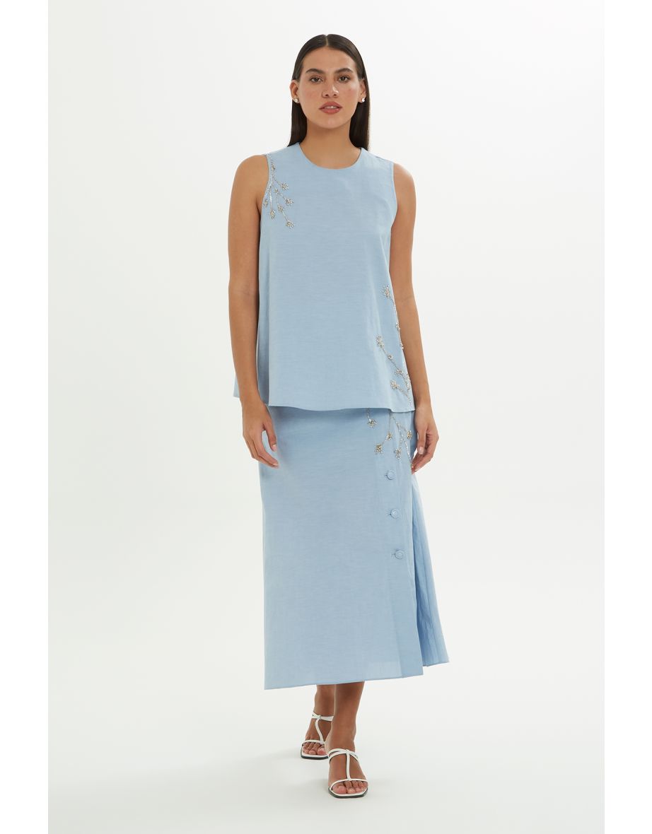 Embroidered Sleeveless Blue Blouse