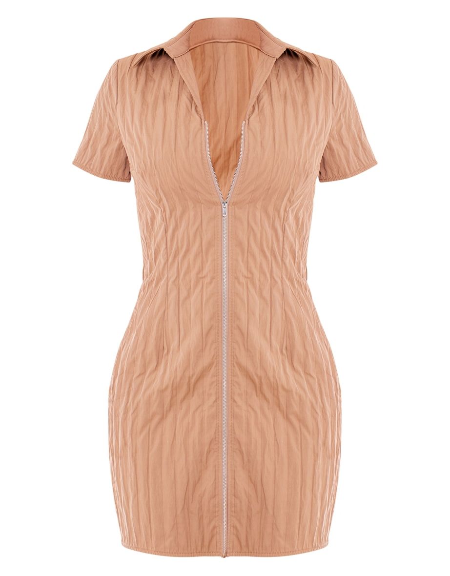 Taupe Textured Pattern Zip Up Short Sleeve Bodycon Dress - 4