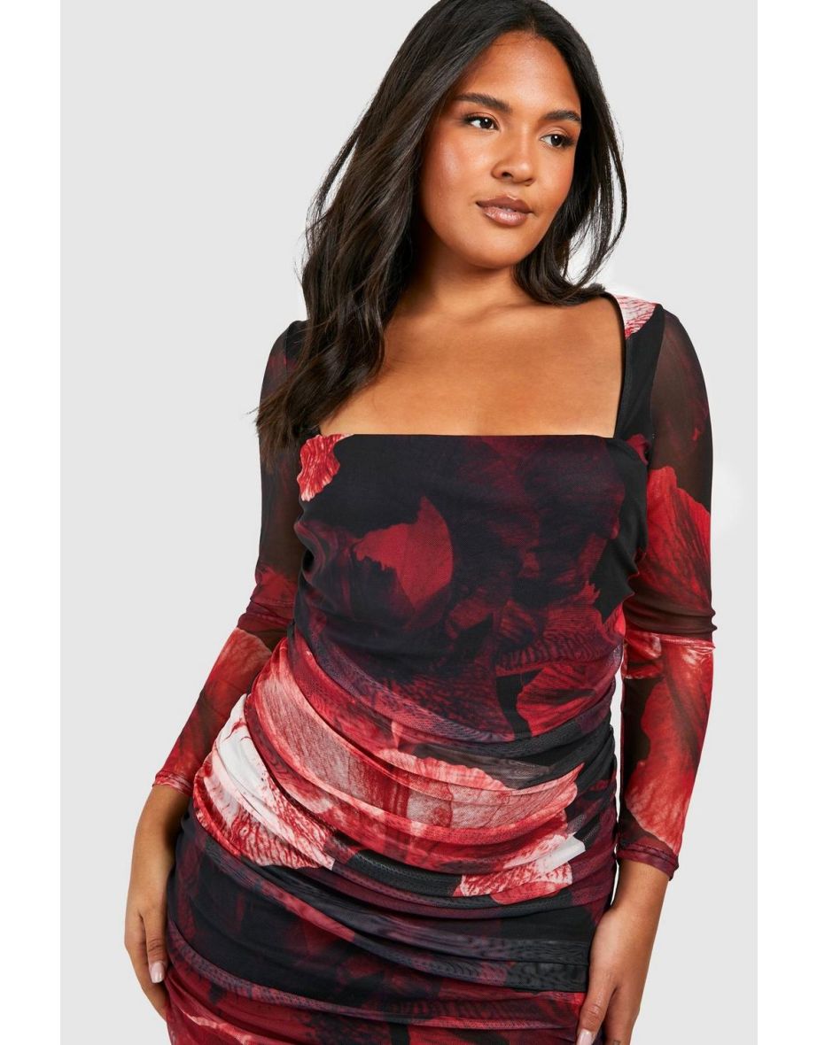 Plus Abstract Floral Print Mesh Bodycon Dress - red - 3