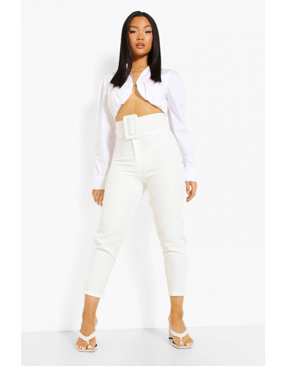 Petite High Waist Belted Peg Trouser - white