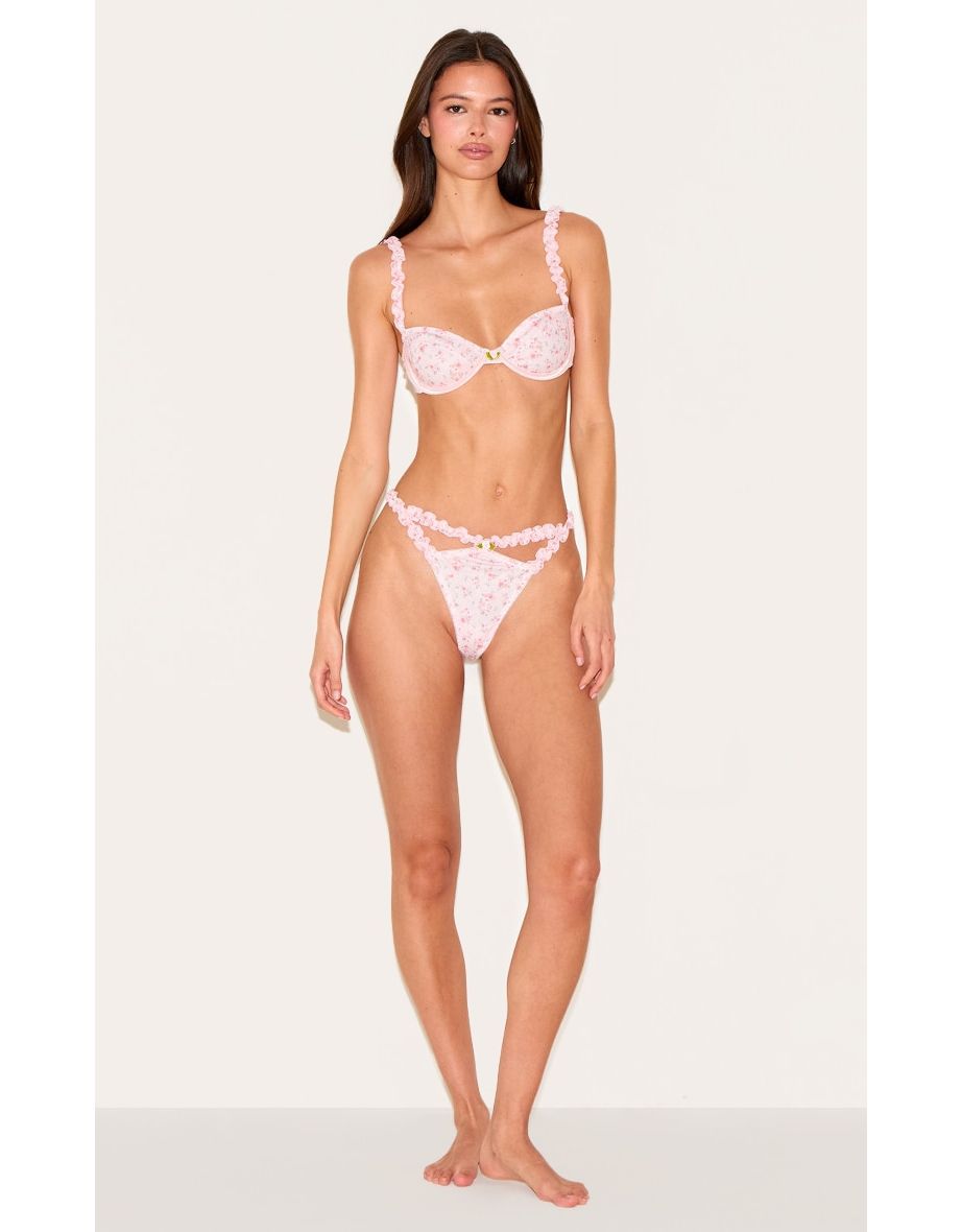 Pink Ribbed Floral Frill Underwired Lingerie Set