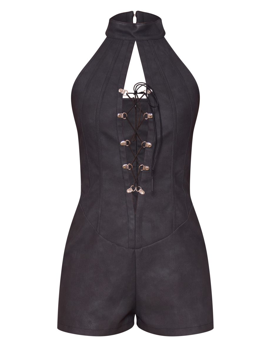 Black Faux Leather Lace Up Halterneck Playsuit - 4