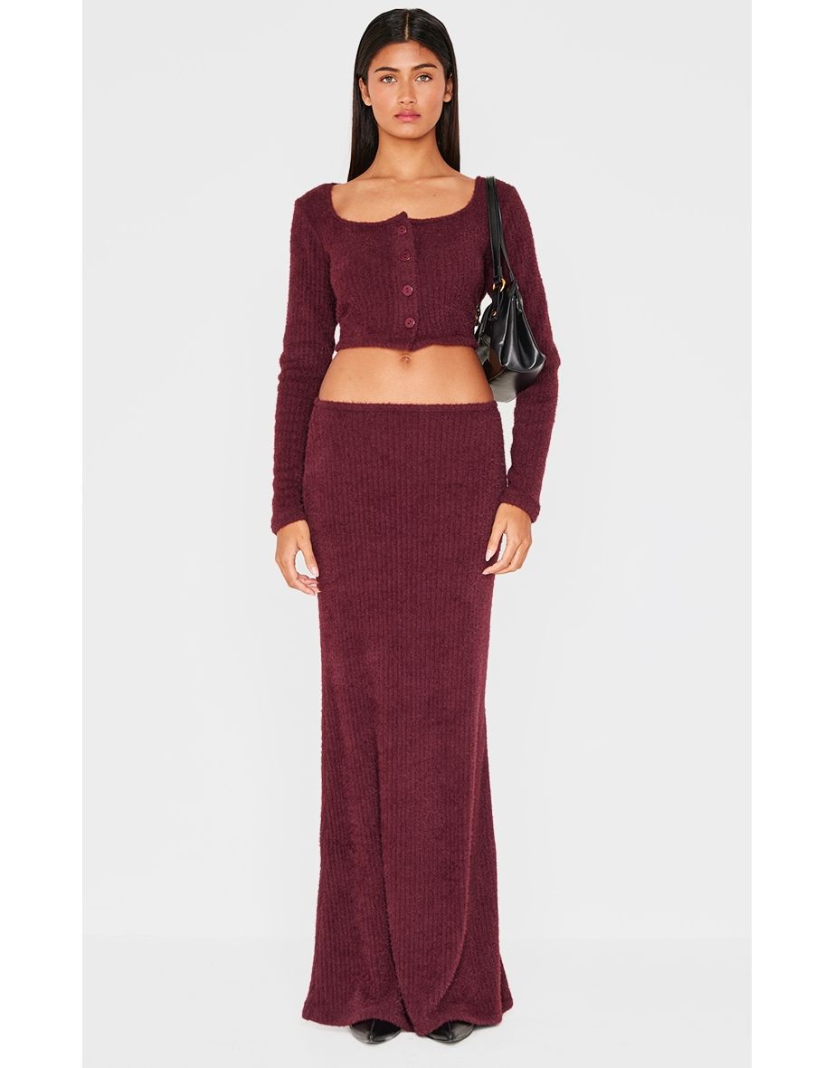 Burgundy Textured Soft Rib Square Neck Button Crop Top