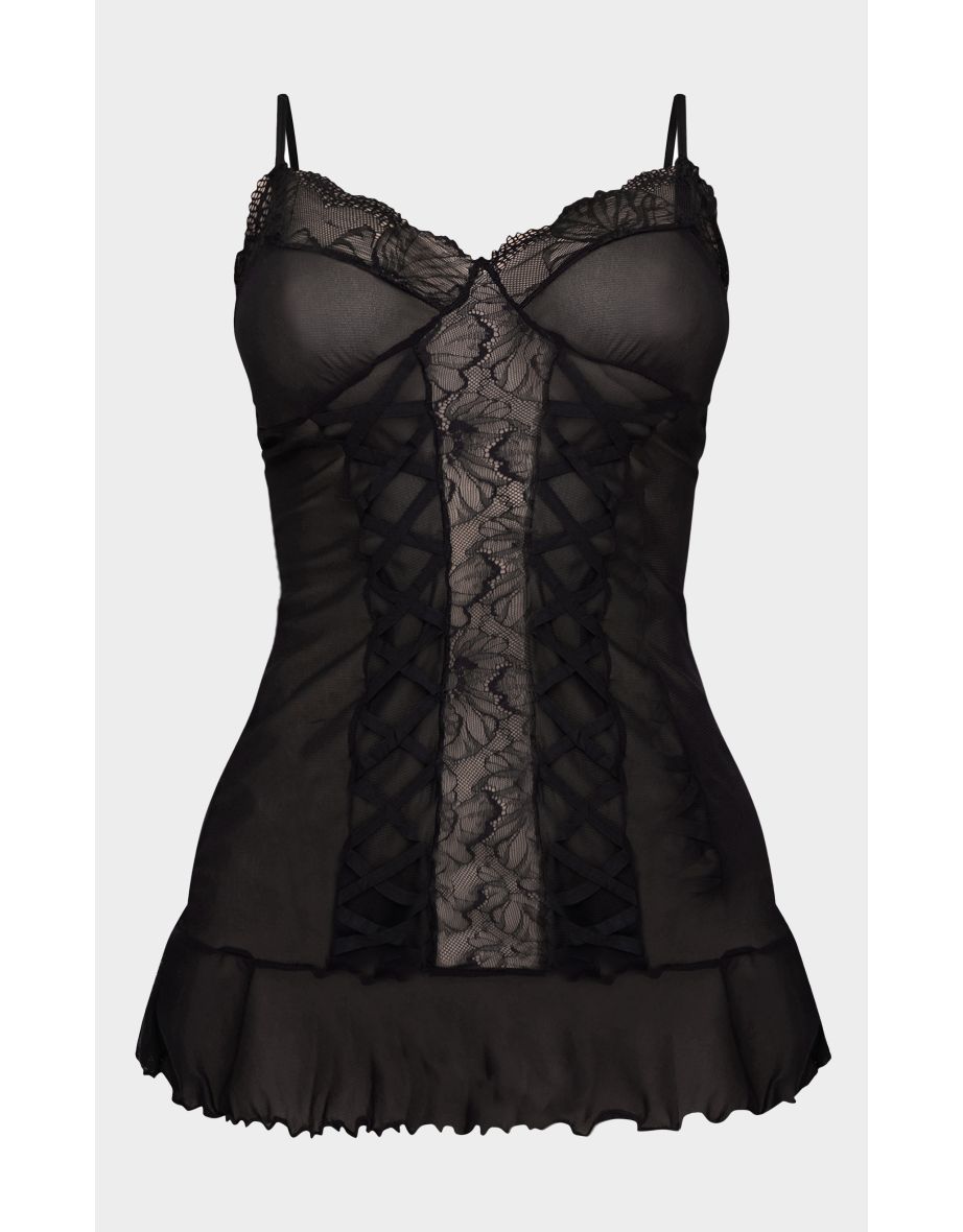 Black Mesh Lace Up Babydoll - 4