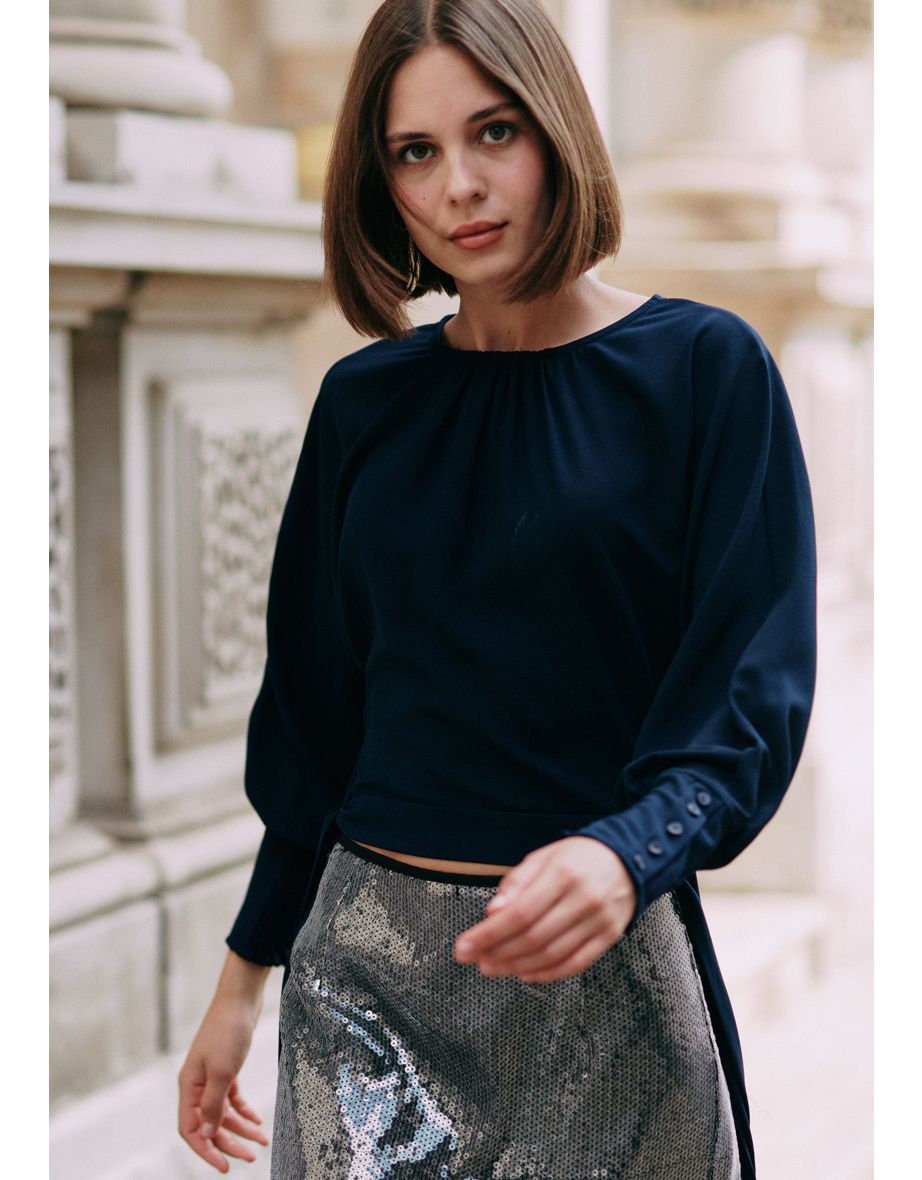 Waist Tie Top with Shirred Cuffs - 8