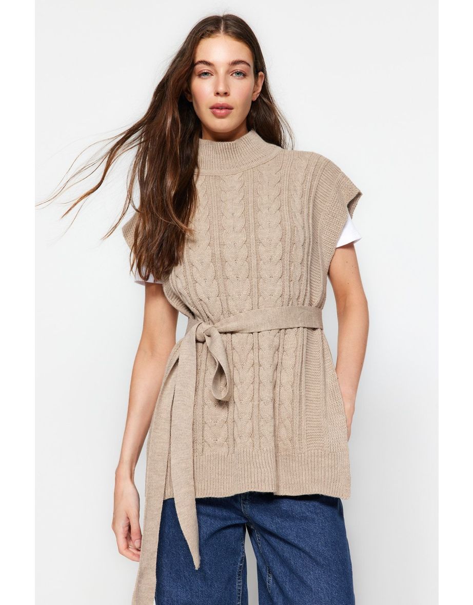 Mink Wide Fit Woolen Belt Knitwear Sweater