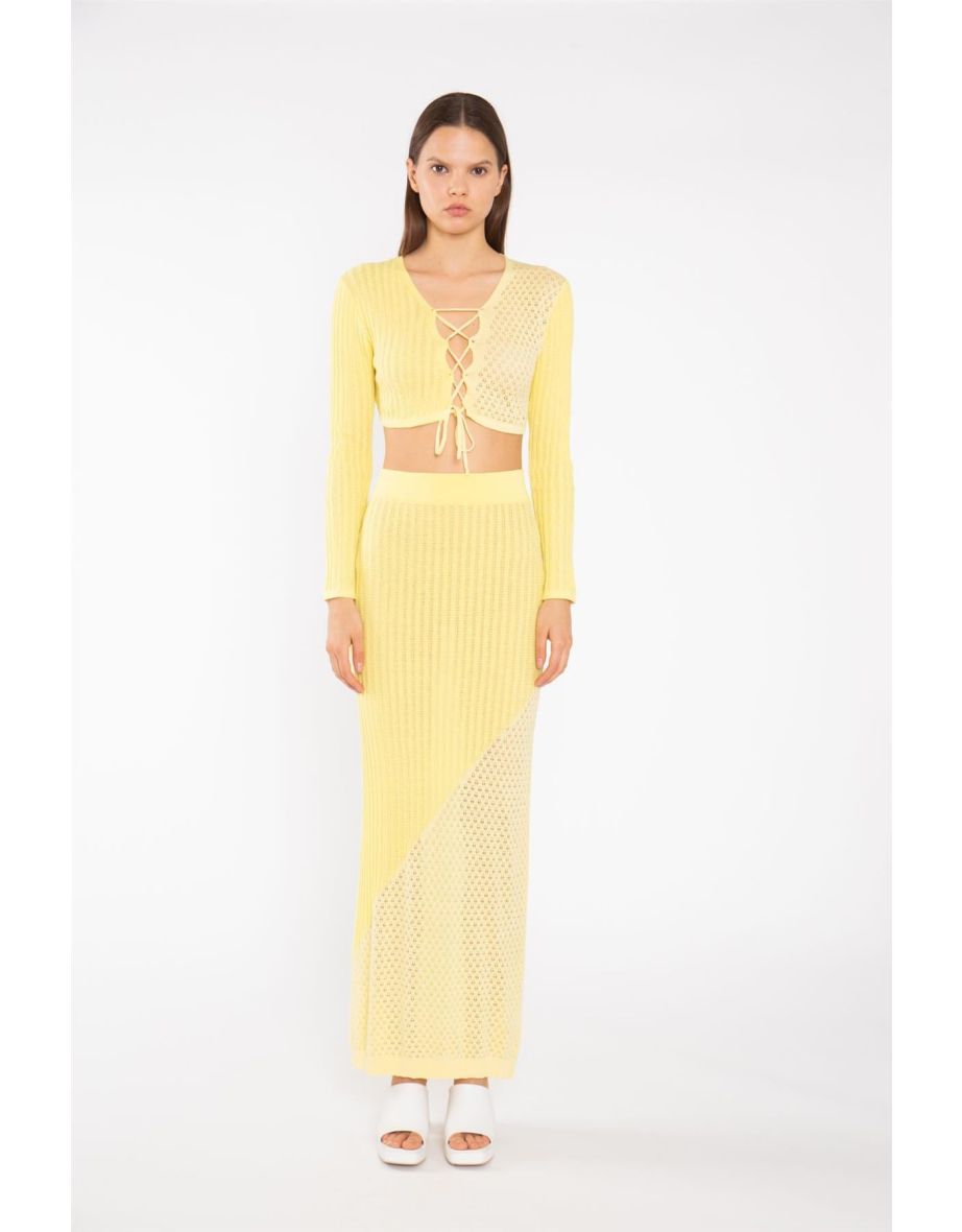 Lemon-Yellow Mix Knit Lace-Up Front Crop-Top