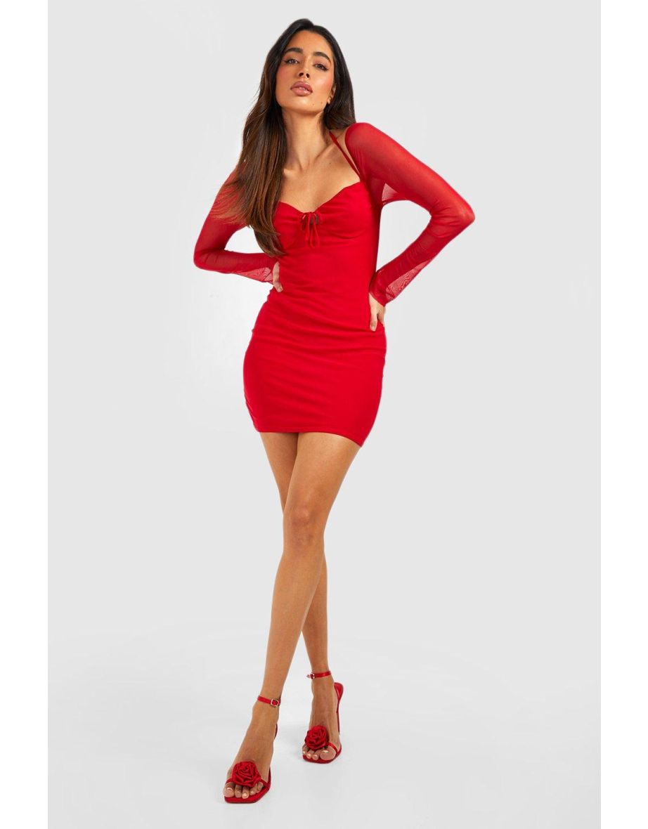Mesh Long Sleeve Bodycon Mini Dress - red