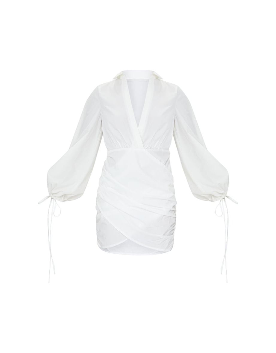 White Plunge Ruched Tie Cuff Shirt Bodycon Dress - 4