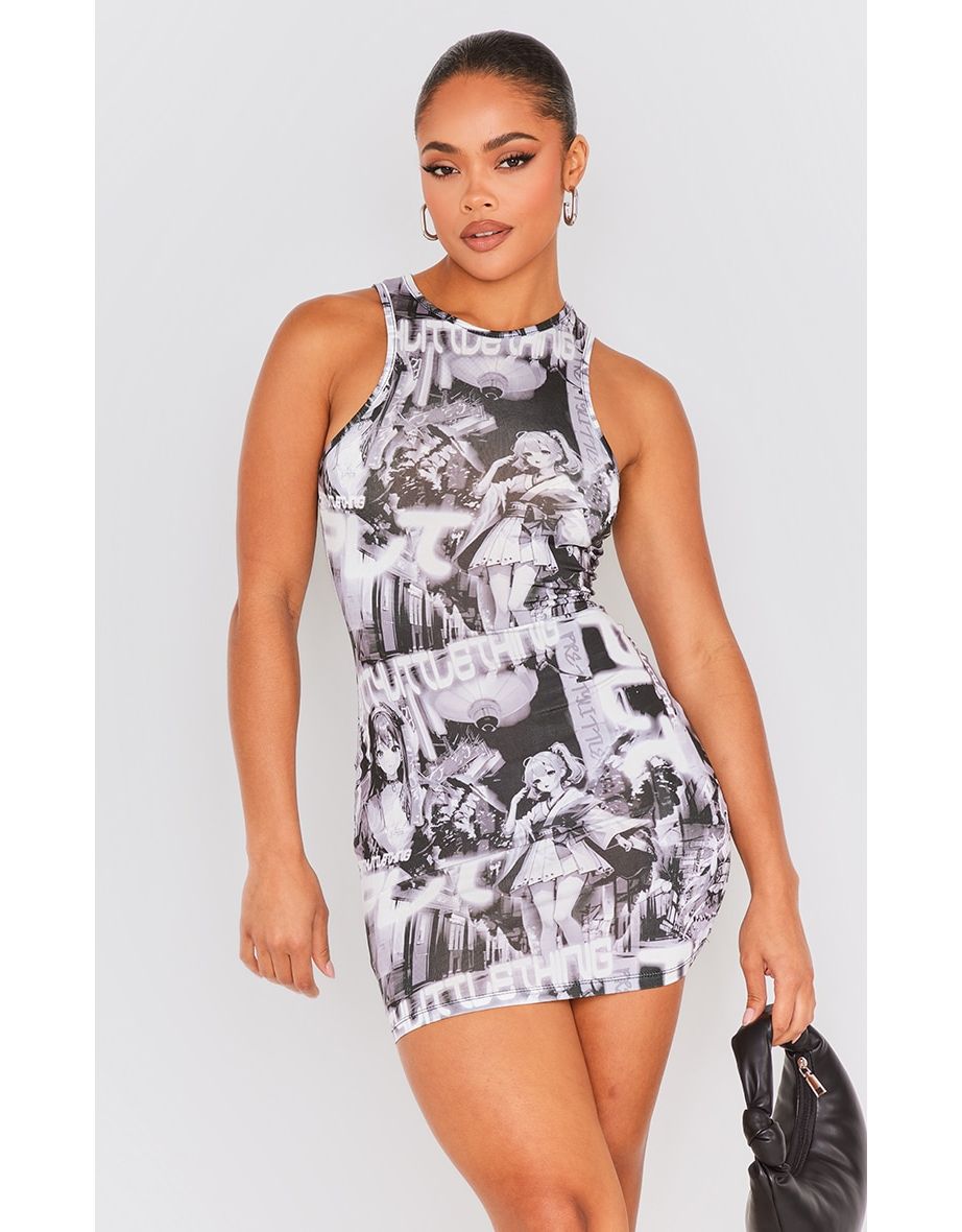 Monochrome Anime Printed Racer Bodycon Dress
