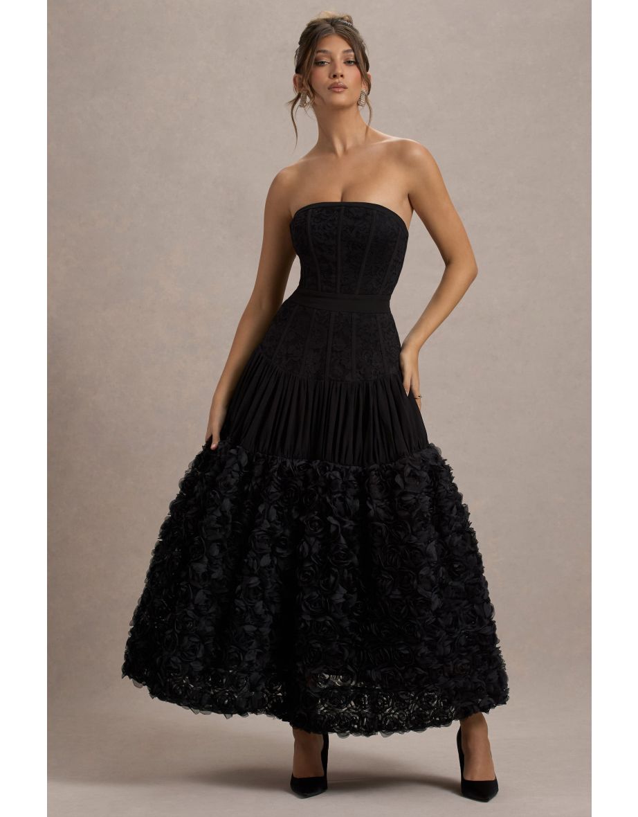 Dame | Black Lace Bandeau Maxi Dress With Floral Hem