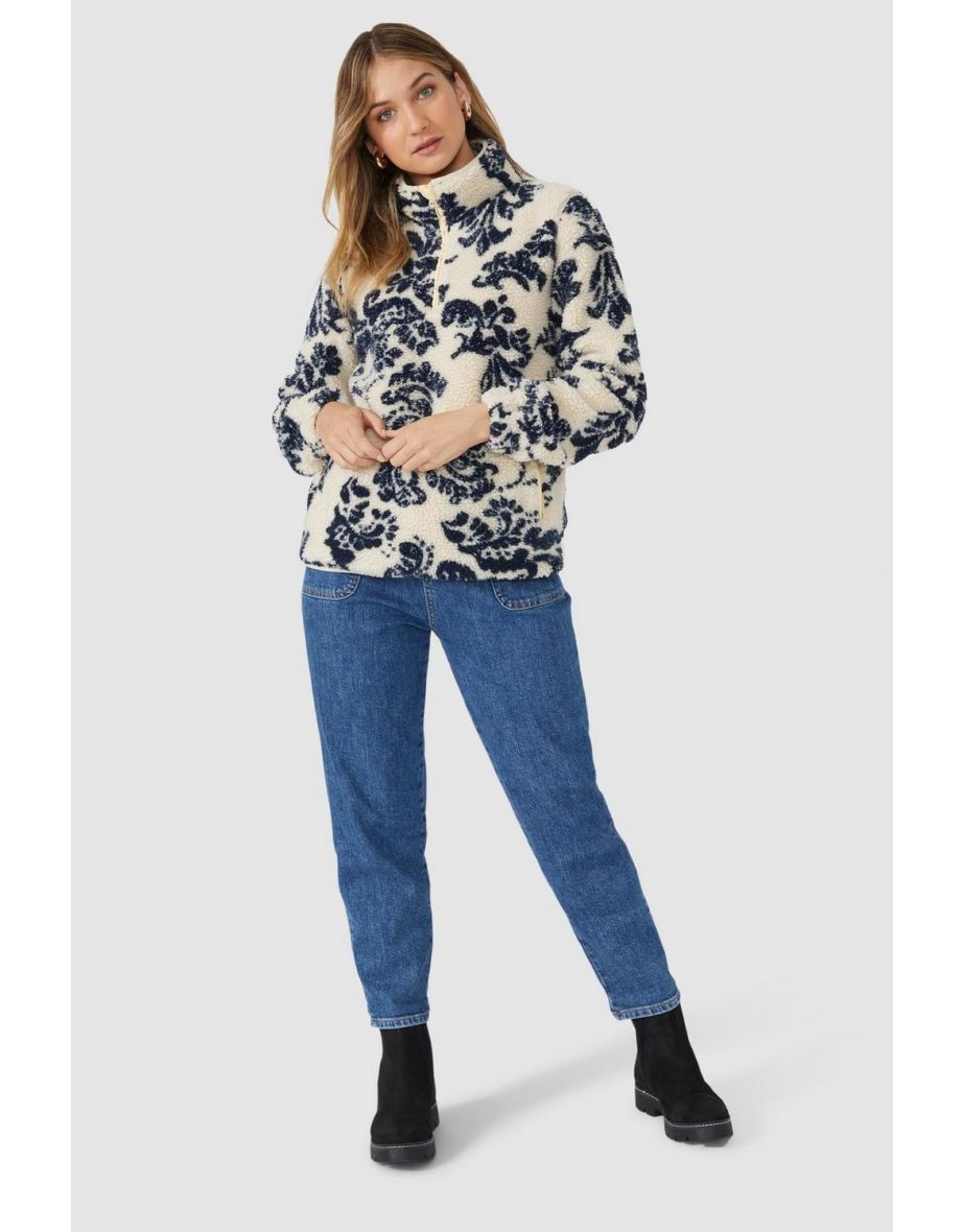 Printed Half Zip Sherpa Fleece Top - navy