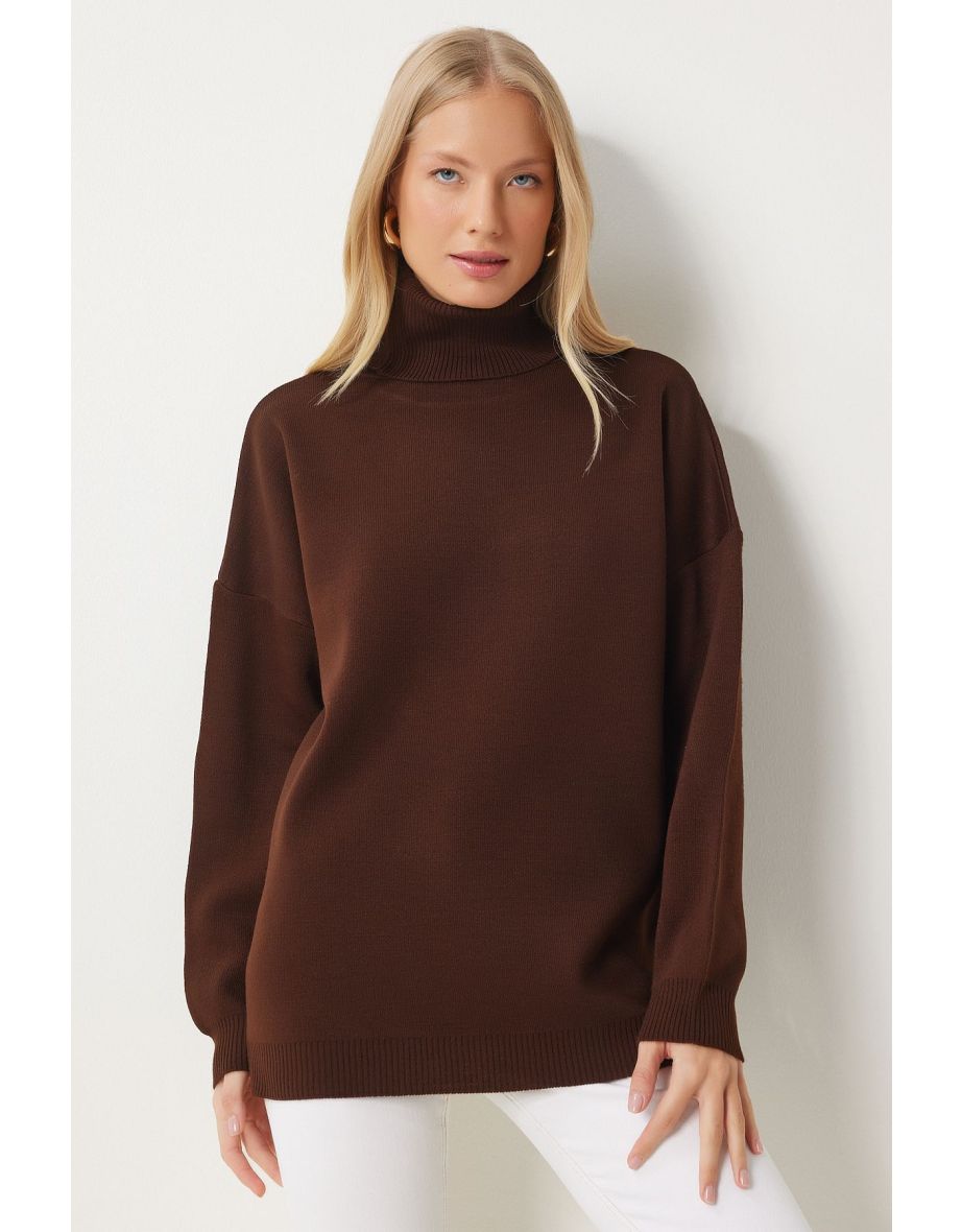 Women's Brown Turtleneck Oversize Knitwear Sweater